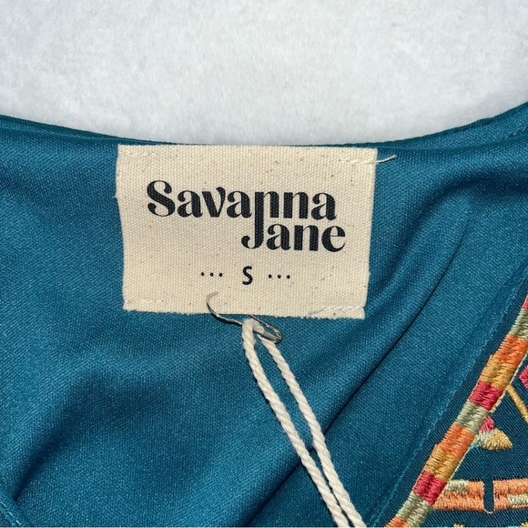 NWT Savannah Jane Embroidered V Neck Dress Teal Midi Lined Boho Womans SM - Picture 6 of 10